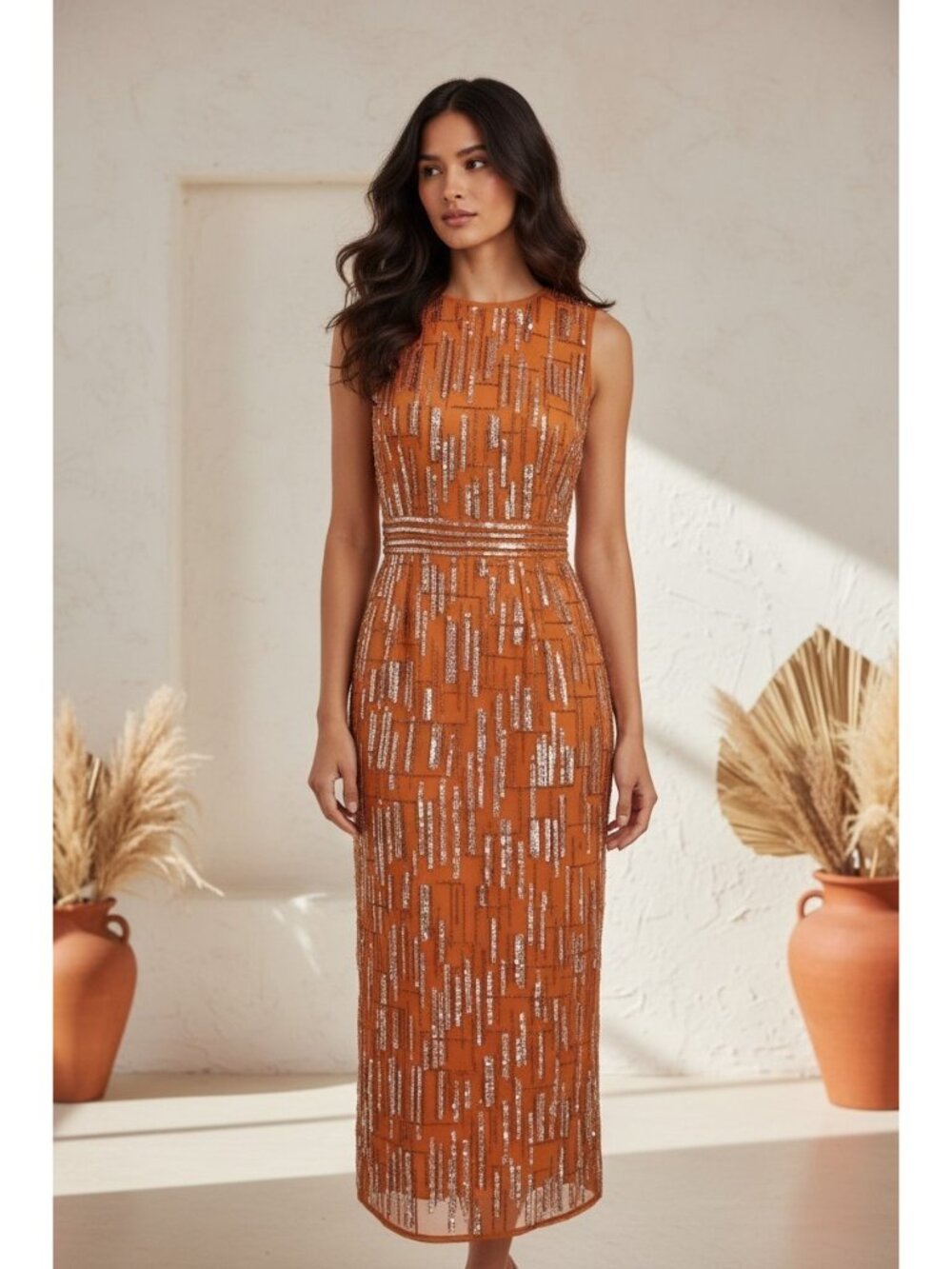 Mac Duggal Sequin Cocktail Dress Womens Size 2 Orange Midi High Neck Formal Glam